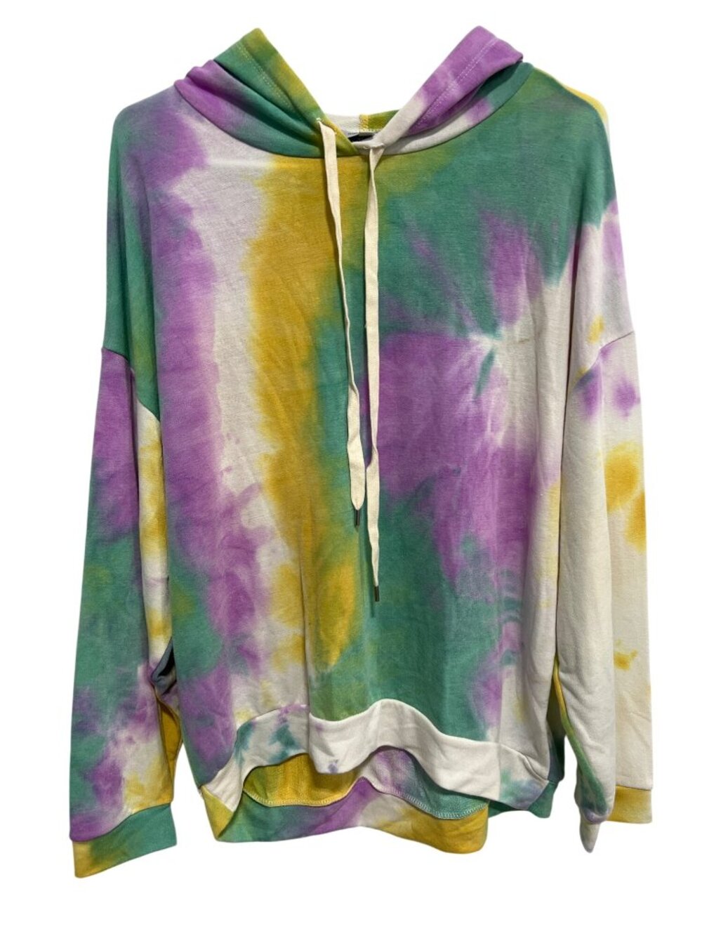 White Birch Hooded Sweatshirt Large Tie Dye Pullover Green Purple Comfy Relaxed